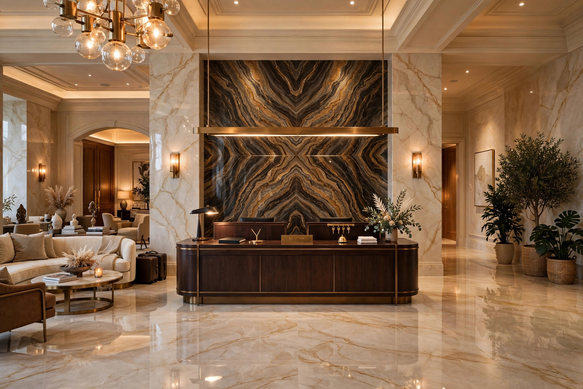 Hotel lobby finished in natural stone